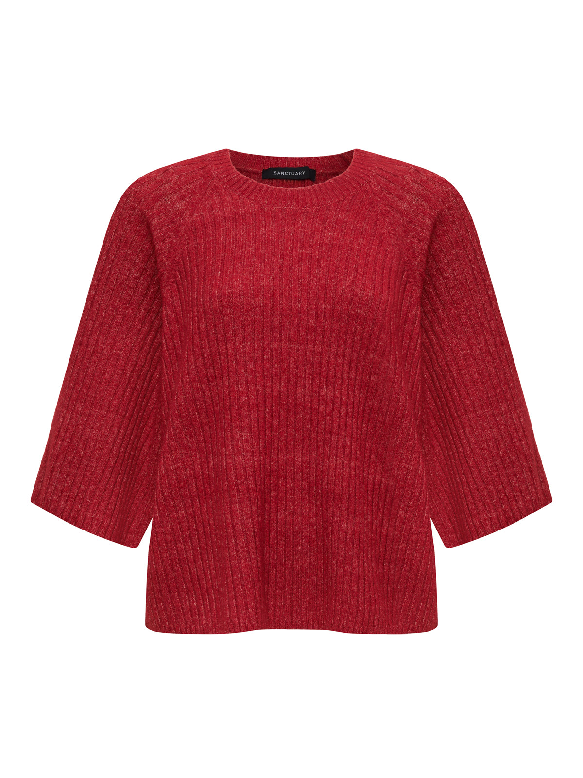The Sanctuary Clothing ribbed sweater tee in cherry lacquer features three-quarter sleeves and a crew neckline, shown against a plain white background.