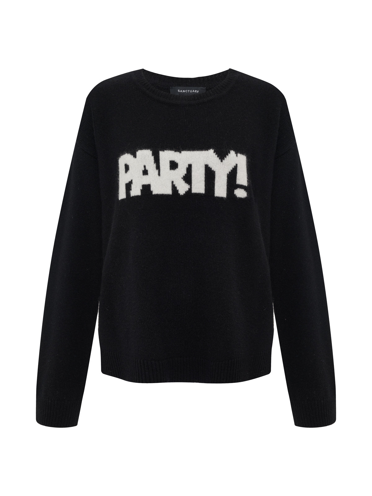 The Sanctuary Clothing life of the party cashmere sweater is black with "PARTY!" in bold chalk-white letters across the chest and features long sleeves.
