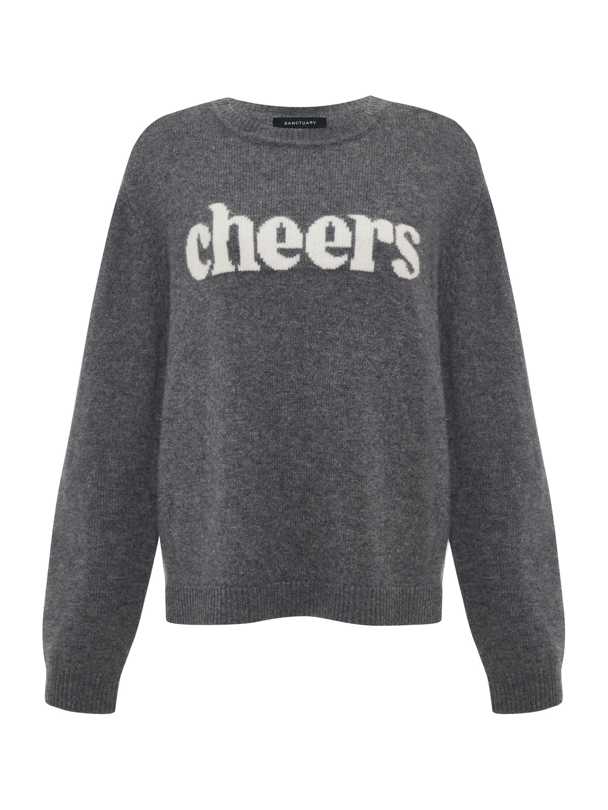 The Sanctuary Clothing "Life of the Party" cashmere sweater in heather charcoal with chalk features "cheers" in large white letters across the chest.