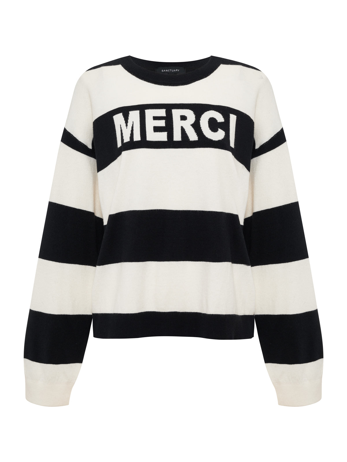 The Sanctuary Clothing 24 7 popover sweater features wide black and white stripes and bold "MERCI" lettering across the chest.