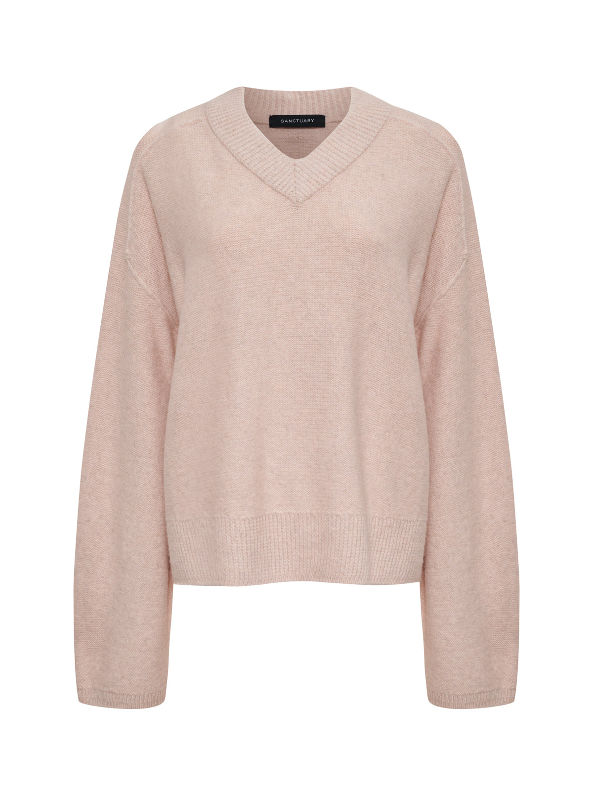 The Sanctuary Clothing dreamy v neck sweater in heather rose features long sleeves, a relaxed fit, ribbed cuffs and waistband, shown on a plain white background.
