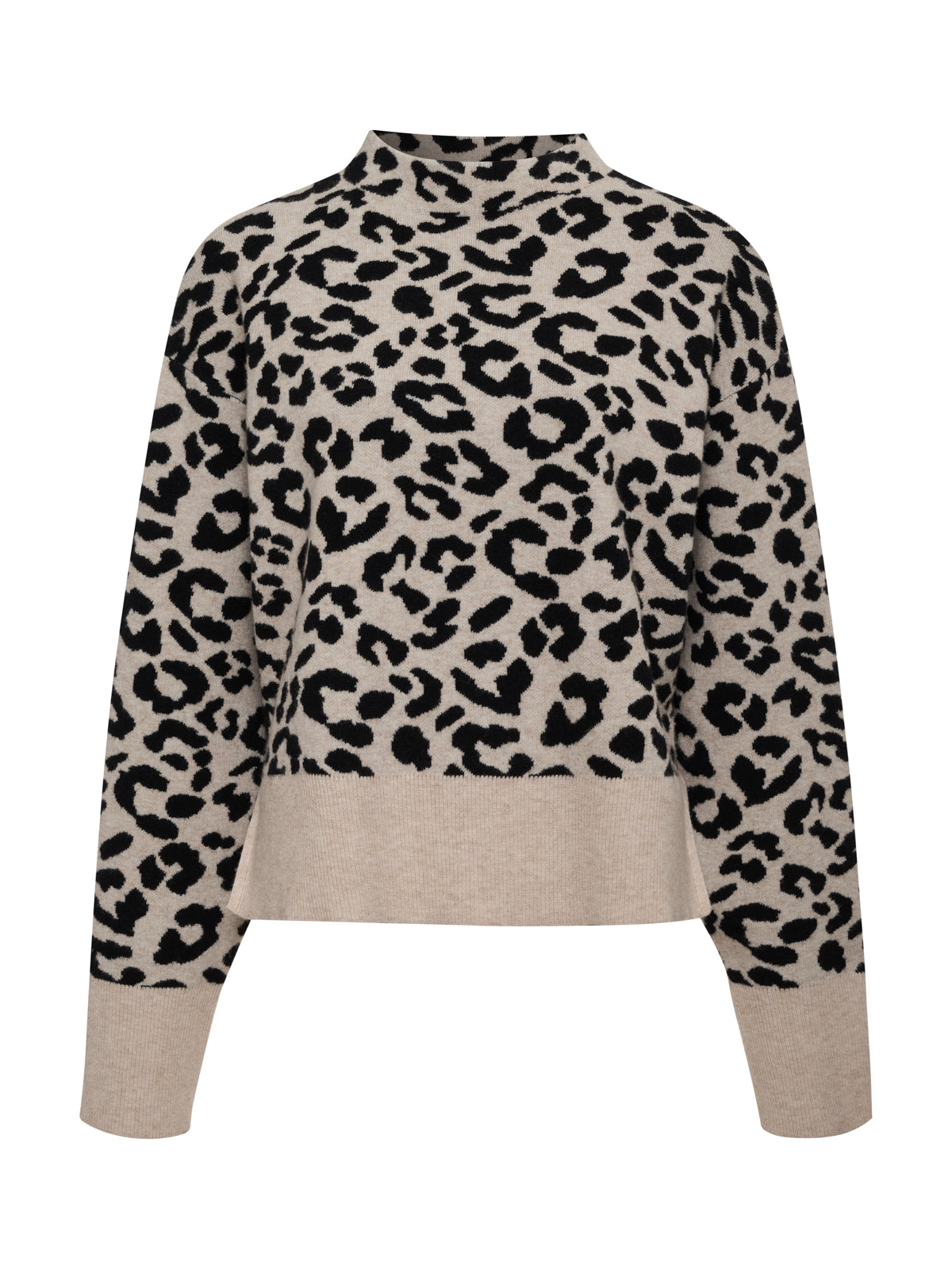 The Soft Touch Popover Spots sweater by Sanctuary Clothing is a beige, long-sleeve top with a high neckline and bold black leopard spots throughout.