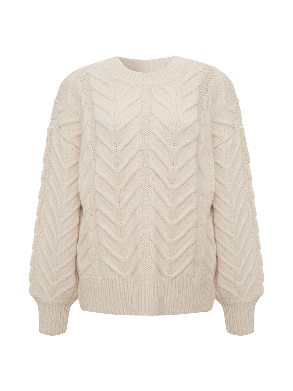 The Sanctuary Clothing snow bunny statement sweater in chalk features a cream hue, long sleeves, cable knit design, round neckline, and ribbed cuffs and hem, displayed against a white background.