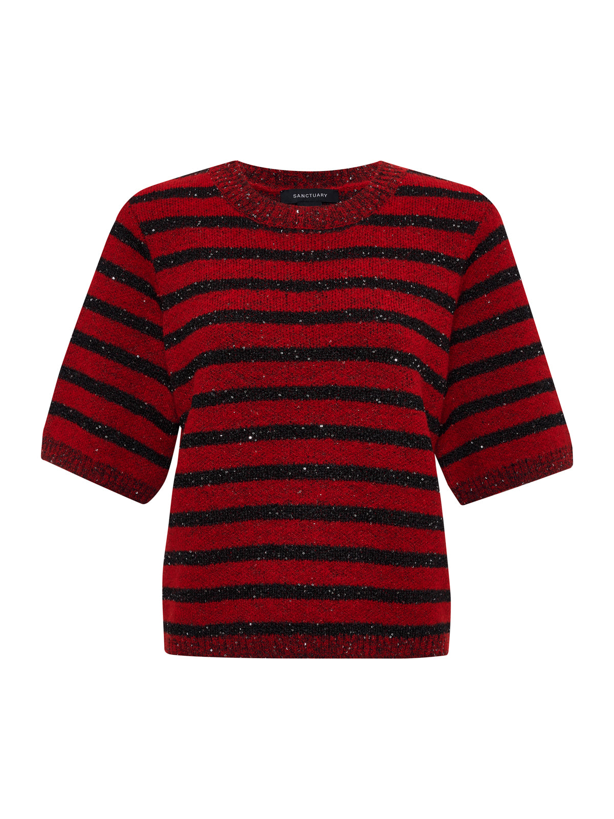 The Sanctuary Clothing short sleeve shine sweater tee in cherry lacquer shine features horizontal black stripes, a crew neckline, and a subtle glittery texture for added sparkle.