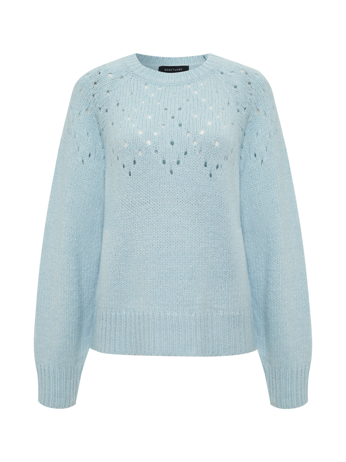 The femme openwork sweater aquamarine by Sanctuary Clothing features a round neckline, long sleeves, subtle diamond pattern on the chest and shoulders, and ribbed cuffs, hem, and collar.