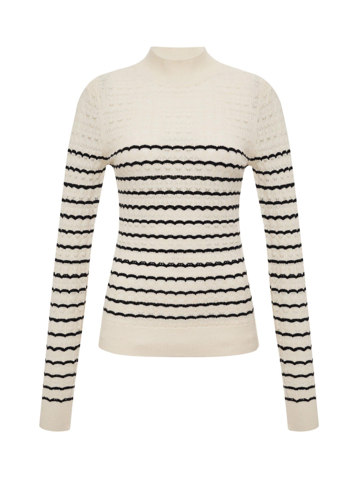 The Sanctuary Clothing forever striped mock neck sweater features vanilla creme with black stripes, long sleeves, a fitted shape, textured knit, and a chic mock neckline.