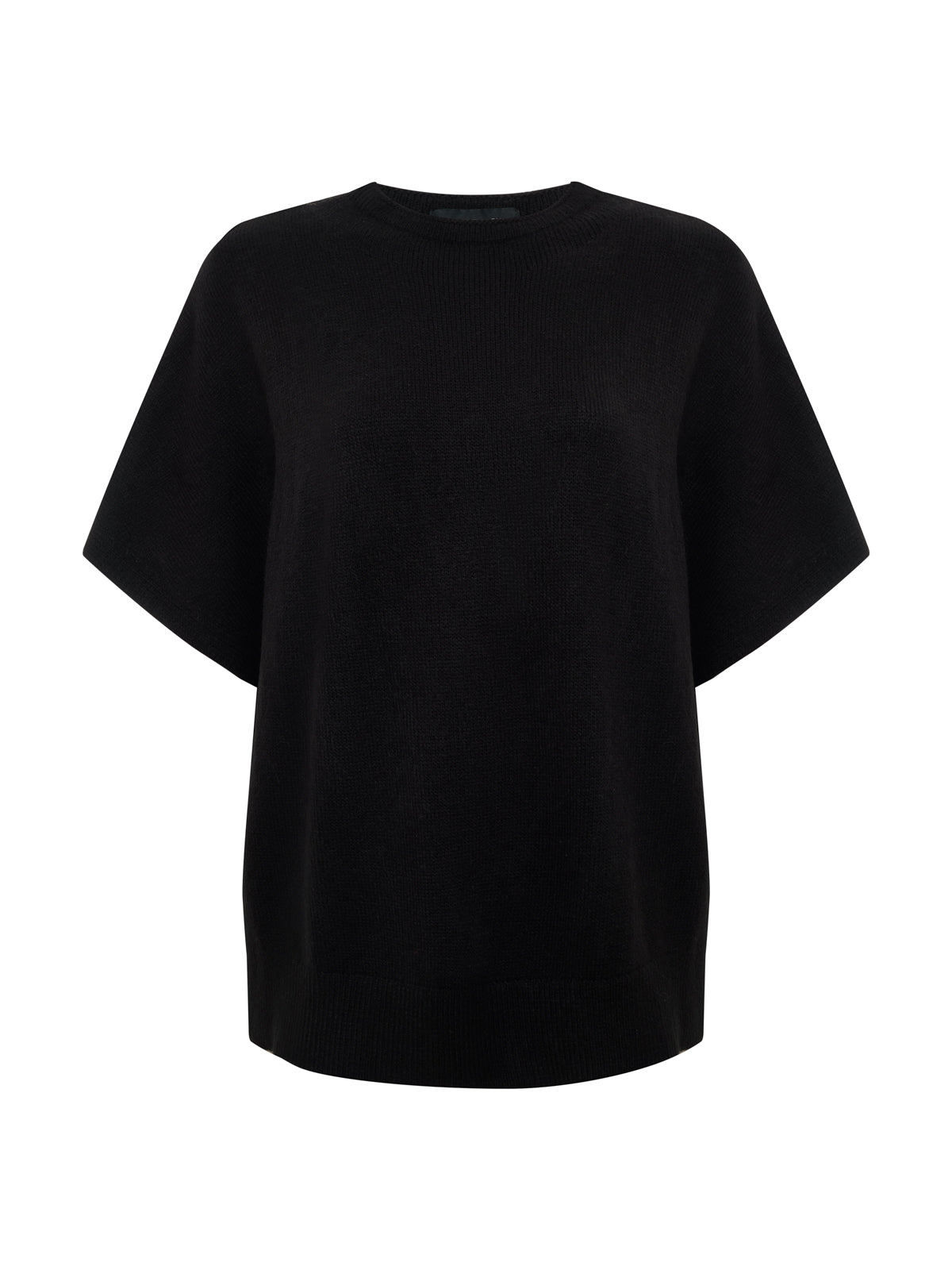 The Sanctuary Clothing easy layering shell in black is a short-sleeve sweater with a round neckline, shown against a white background.