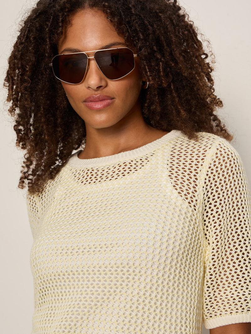 Open Knit Sweater Tee Lemon Drop/Chalk Stripe alt 4