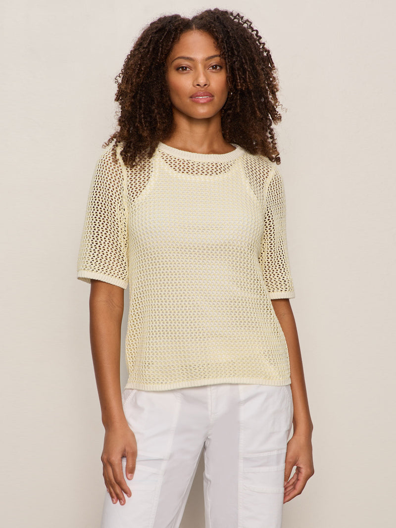 Open Knit Sweater Tee Lemon Drop/Chalk Stripe alt 2