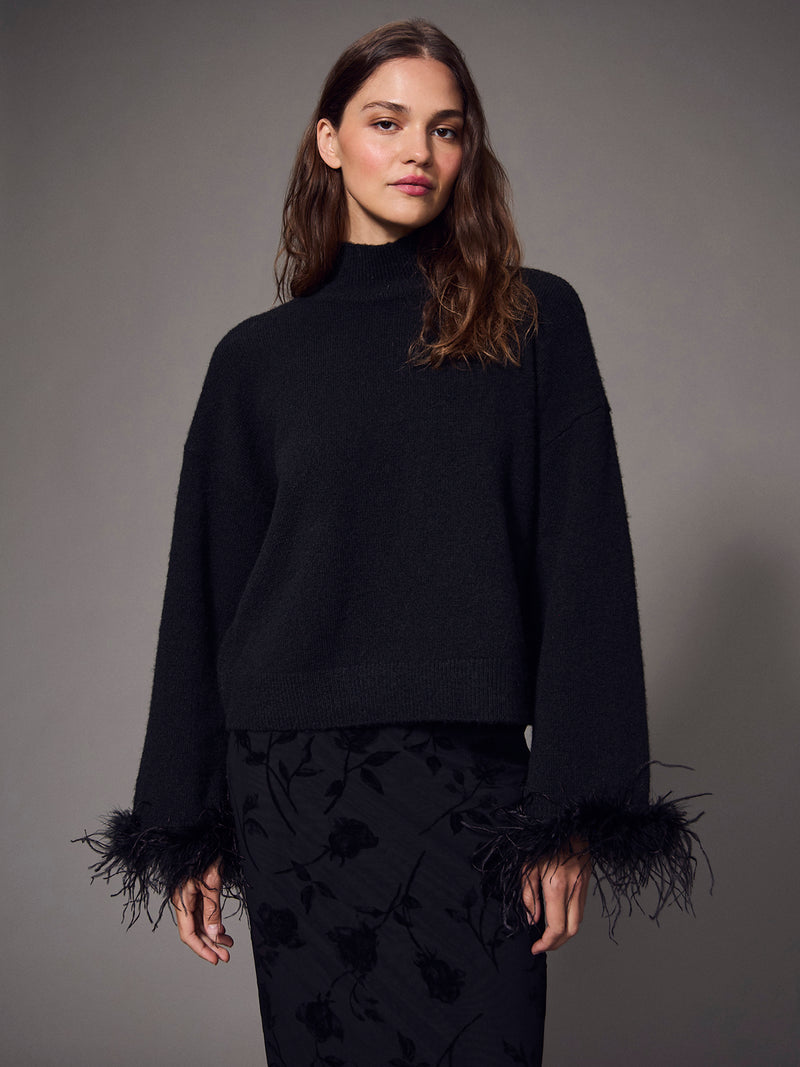 Feather Trim Mock Neck Sweater Black