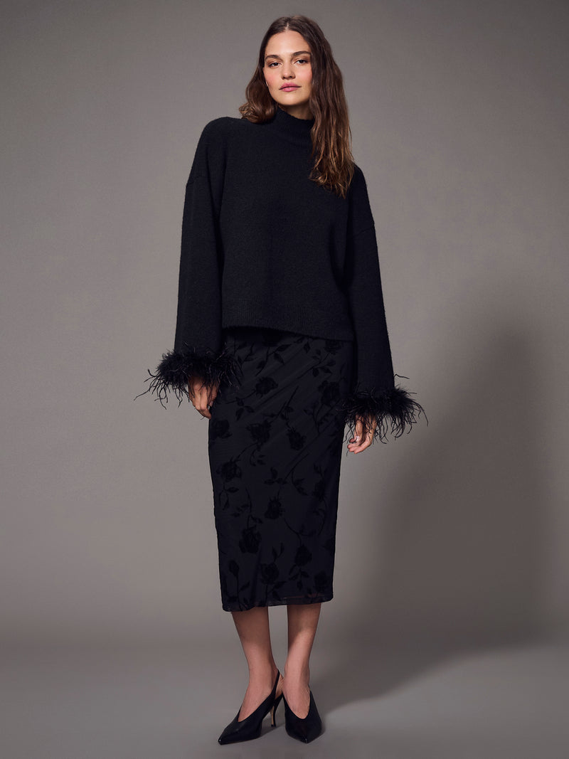 Feather Trim Mock Neck Sweater Black alt 5
