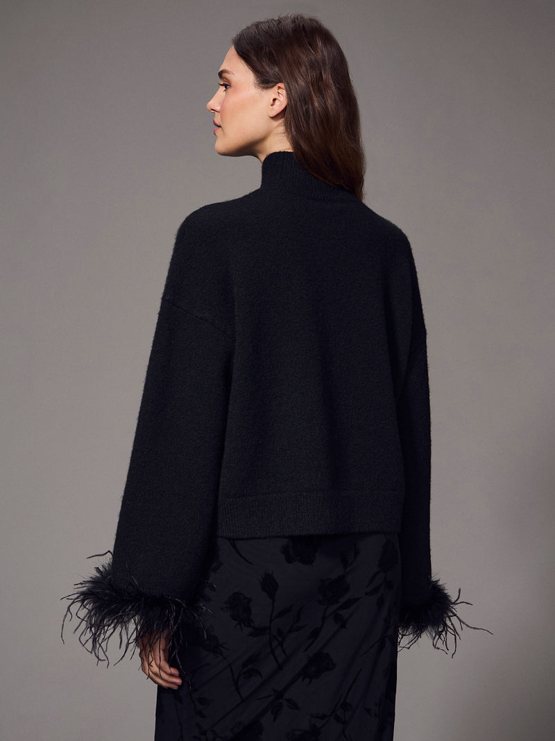 Feather Trim Mock Neck Sweater Black alt 3