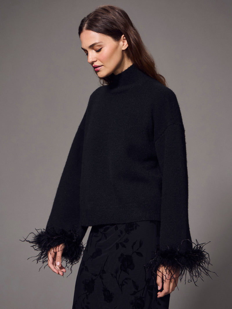 Feather Trim Mock Neck Sweater Black alt 2