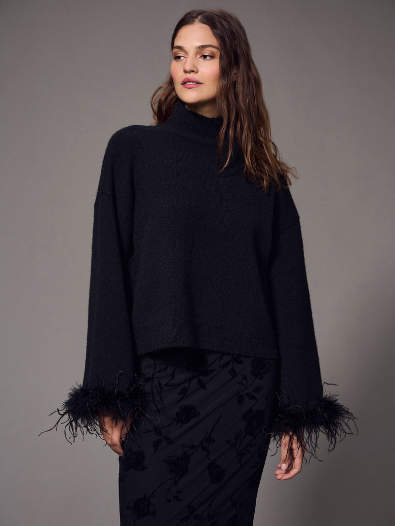 Feather Trim Mock Neck Sweater Black alt 1