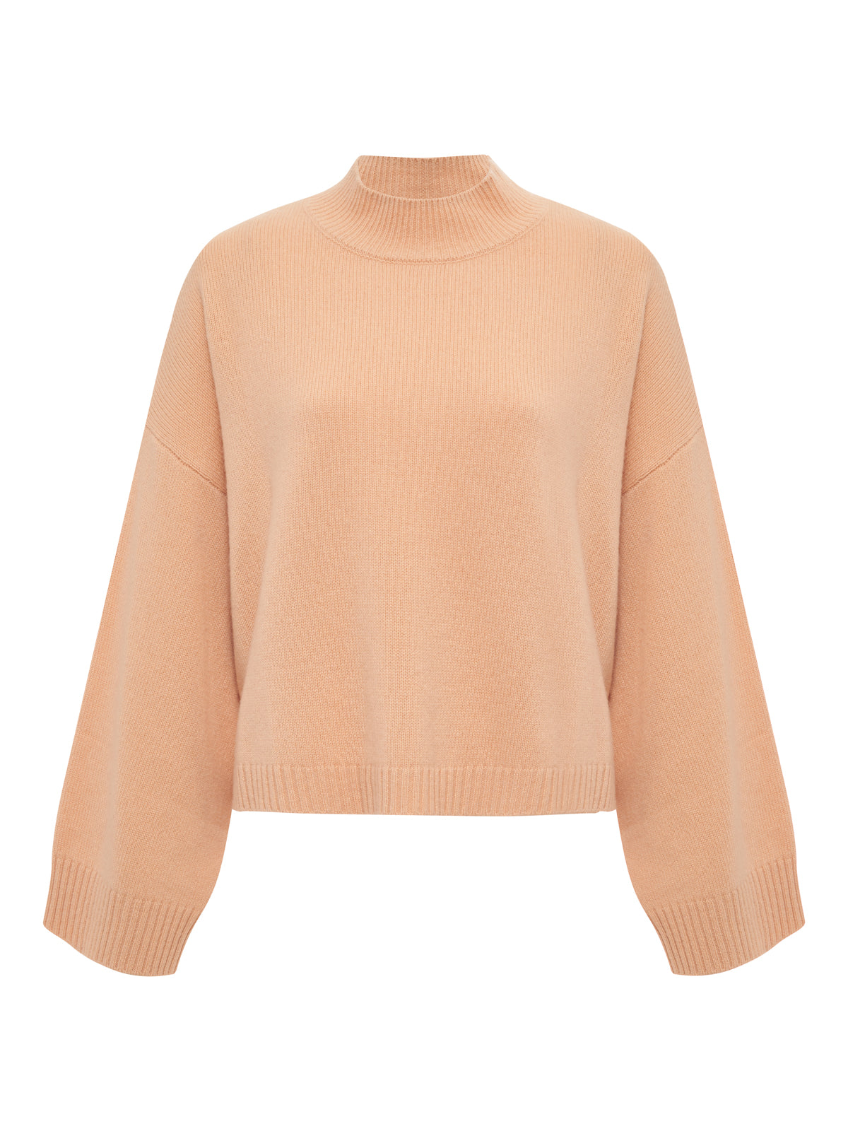 The Sanctuary Clothing forever cashmere popover in toasted beige is a long-sleeve, loose-knit sweater with ribbed high neck, cuffs, and hem, shown on a plain white background.