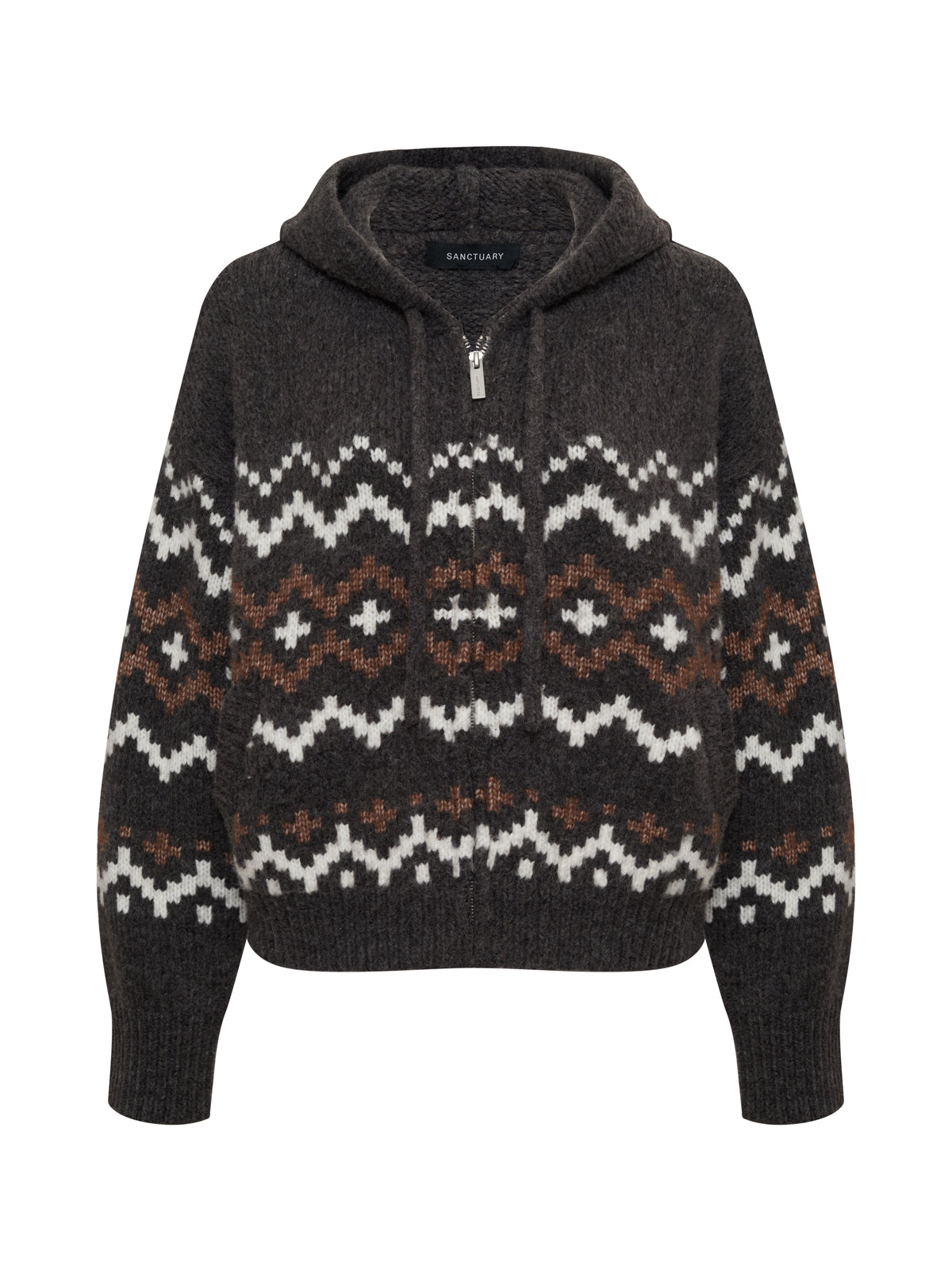 The Sanctuary Clothing zip up fairisle hoodie in mocha features a dark gray knit, half-zip front, ribbed cuffs, and a white and brown geometric zigzag pattern across the chest, sleeves, and waist. Available in extended sizing.