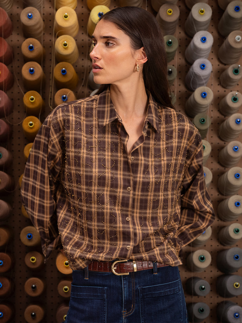 Avery Beaded Crop Shirt Toffee Plaid alt 1