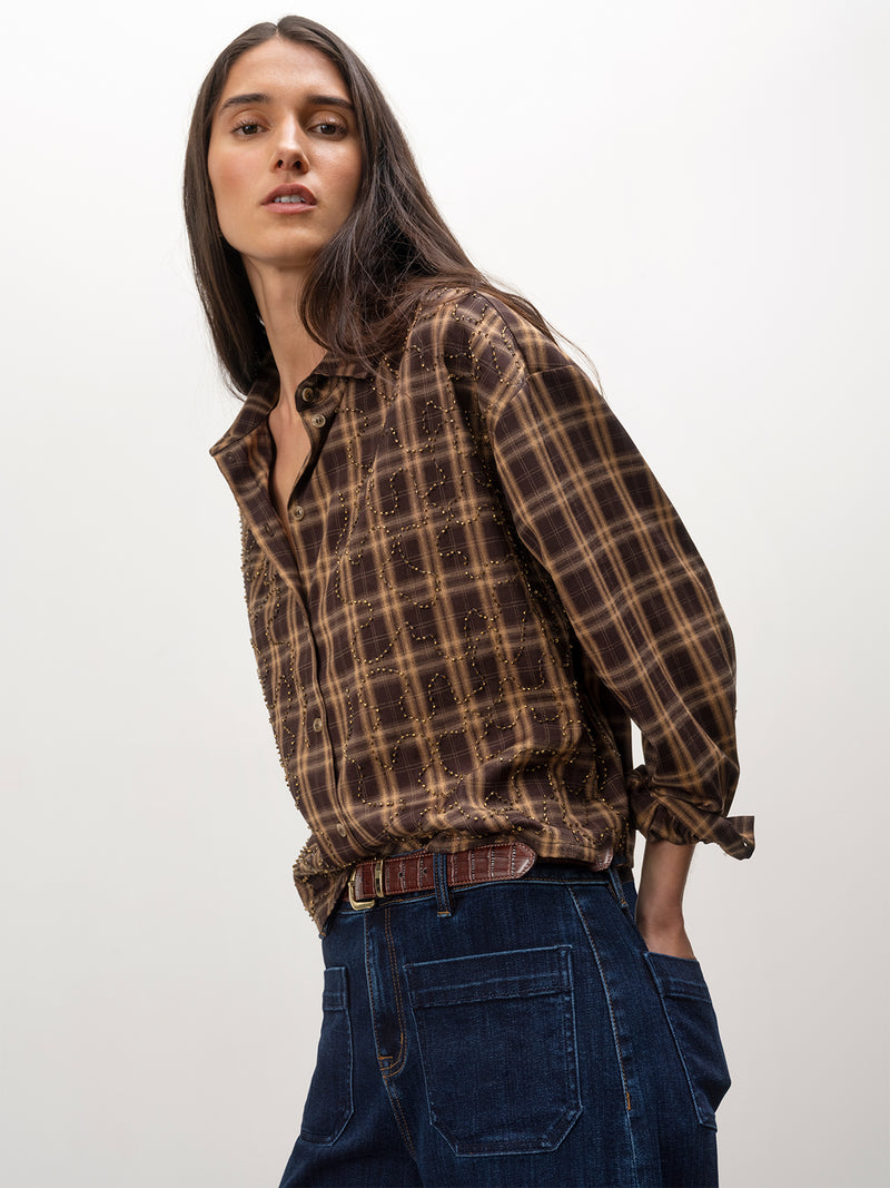 Avery Beaded Crop Shirt Toffee Plaid