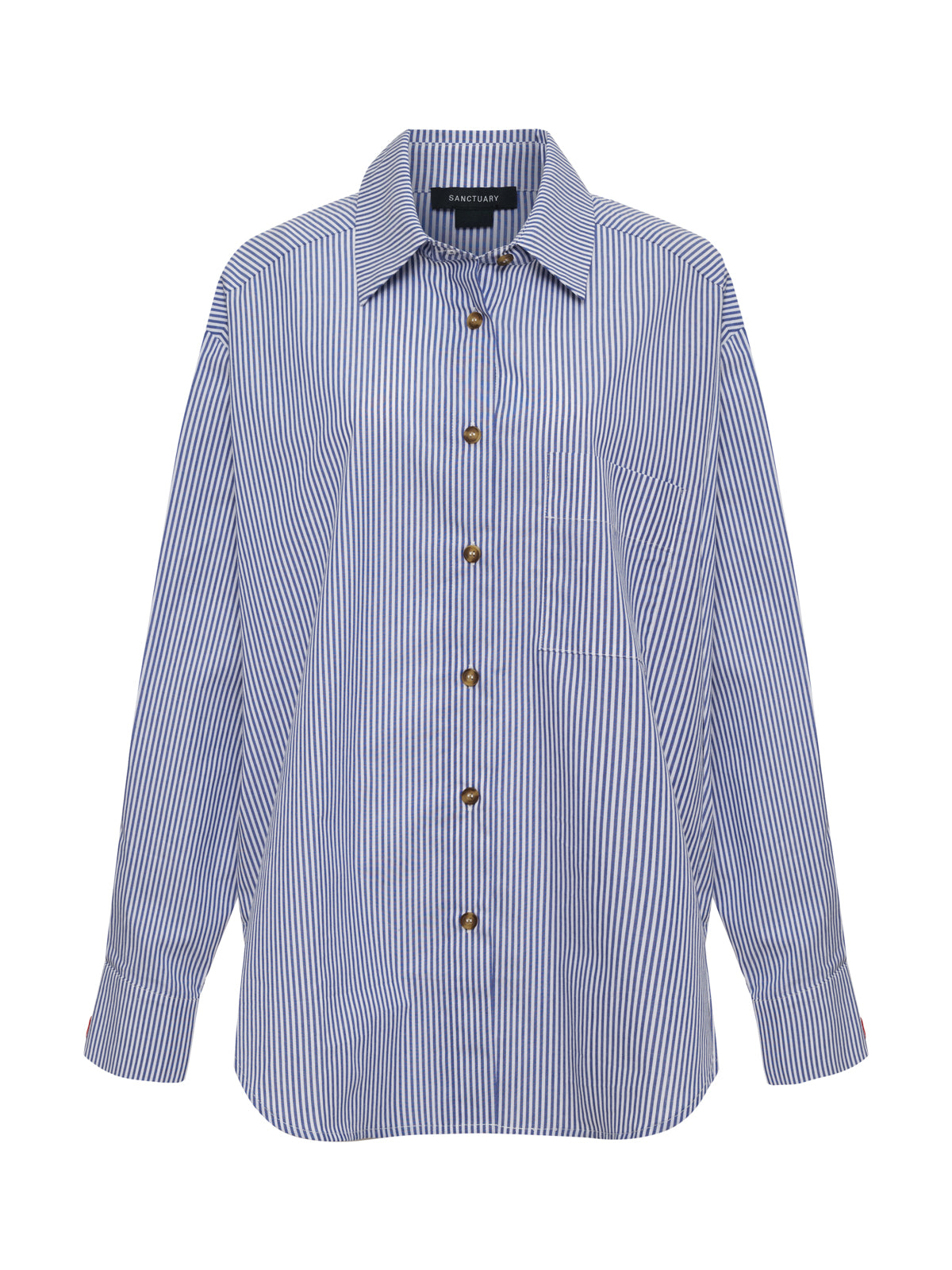 The Doctor Is In Shirt by Sanctuary Clothing features blue and white vertical stripes, a button-up front, collar, long sleeves, and chest pocket, shown on a plain white background.