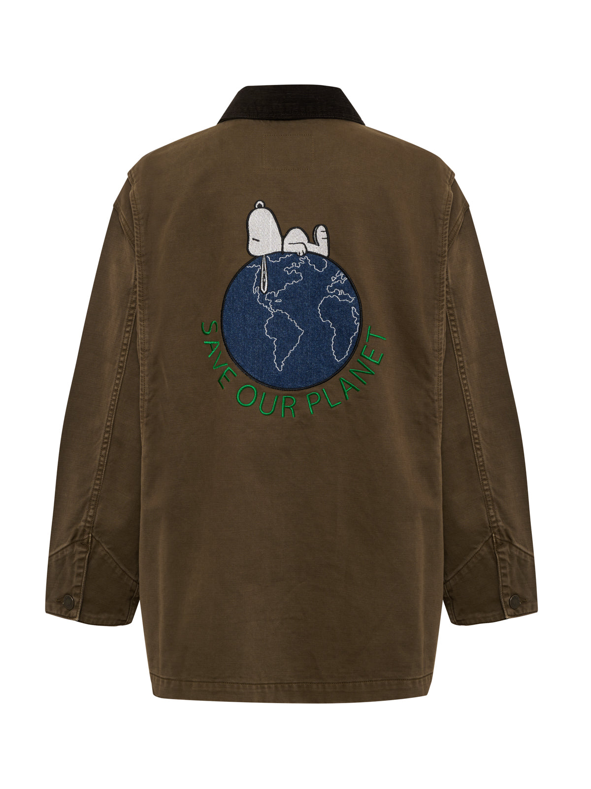 The Sanctuary Clothing "save our planet jacket timber" is a brown jacket with a black collar, featuring an embroidered Snoopy on a blue and green Earth and green "SAVE OUR PLANET" text below.