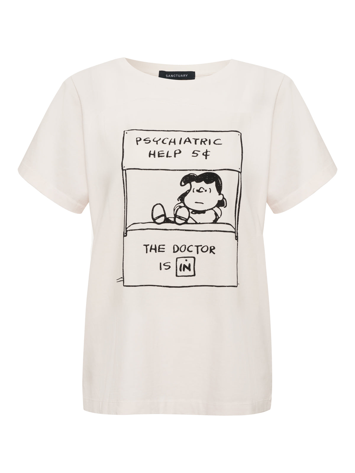 The "The Doctor Is In Tee Collagen" by Sanctuary Clothing is a white T-shirt featuring Lucy from Peanuts at her "Psychiatric Help 5¢" booth with the sign "The Doctor is IN.