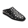 The Sanctuary Clothing bari studs mule black is a slip-on shoe featuring a flat sole and an upper adorned with shiny silver metallic studs in various sizes.
