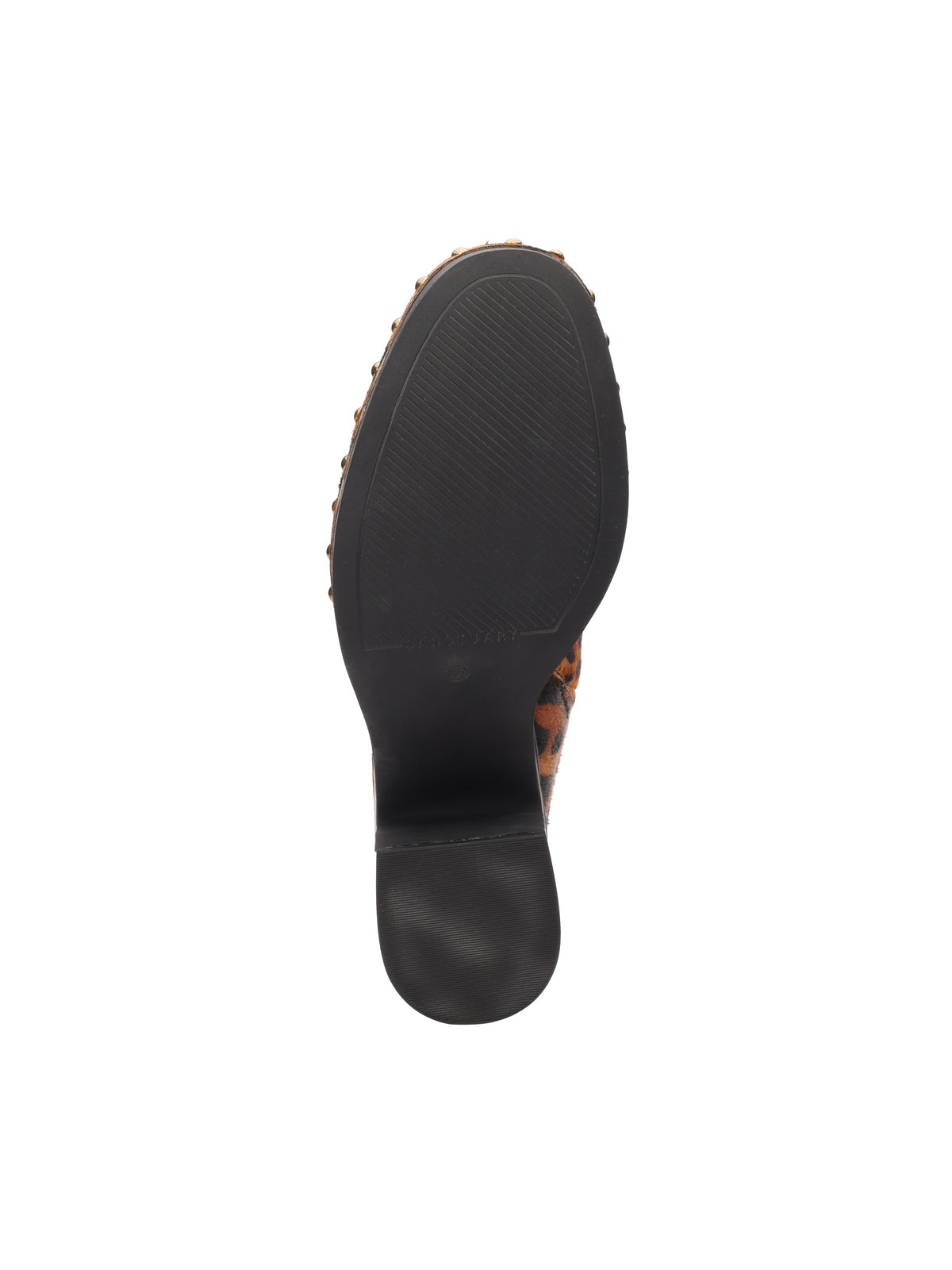 The image displays the bottom view of a single emersyn mule bistro shoe from Sanctuary Clothing, featuring a black sole, short heel, and an upper with a brown and black leopard print. The background is plain white.