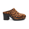 The emersyn mule bistro by Sanctuary Clothing is a women's slip-on clog featuring a chunky black heel, wooden sole, gold stud accents, and a bold leopard print upper.
