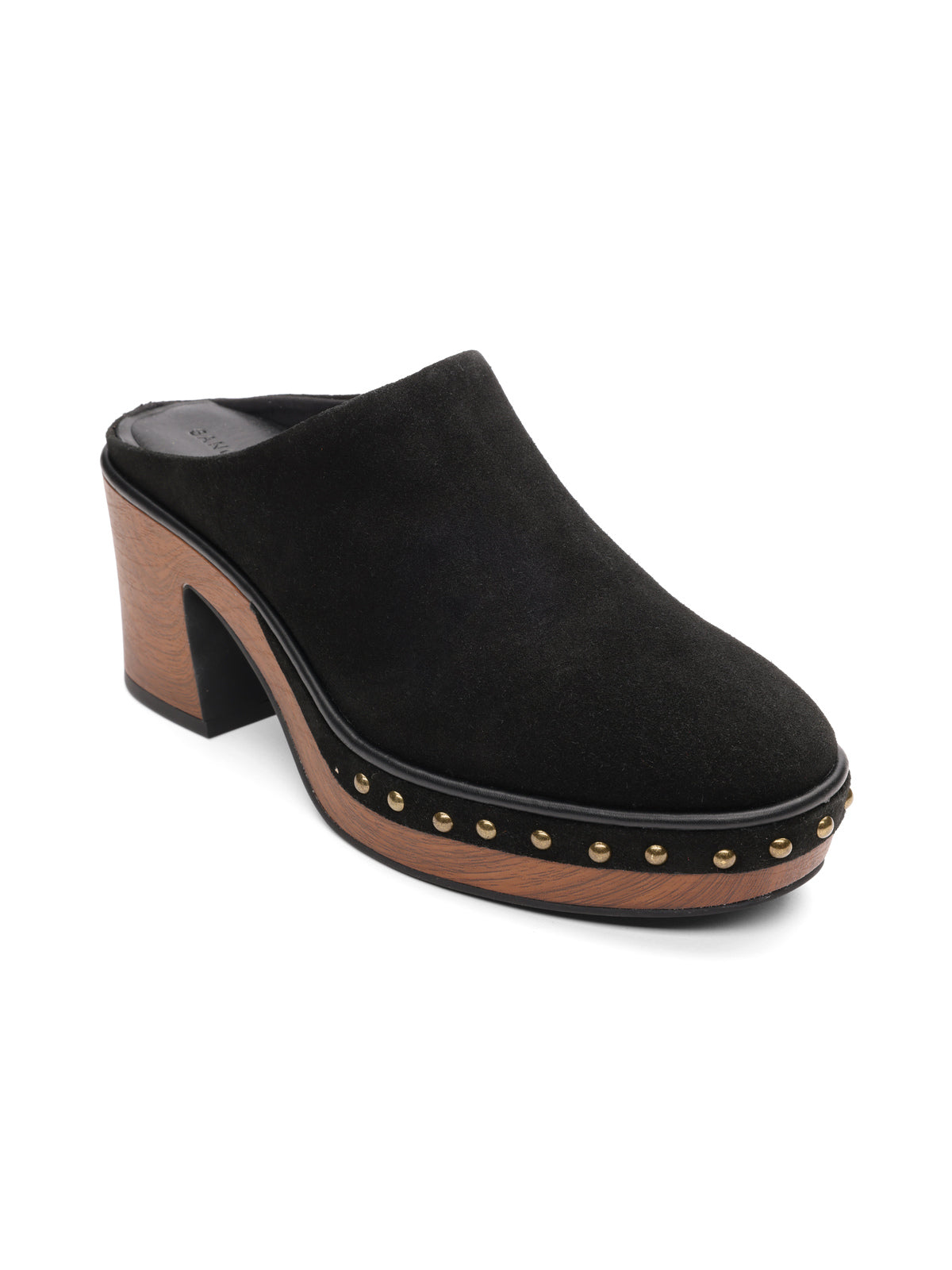 The emersyn mule black by Sanctuary Clothing features a black suede upper, wooden platform heel, brass stud accents around the base, and a closed-toe design.