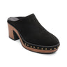 The emersyn mule black by Sanctuary Clothing features a black suede upper, wooden platform heel, brass stud accents around the base, and a closed-toe design.