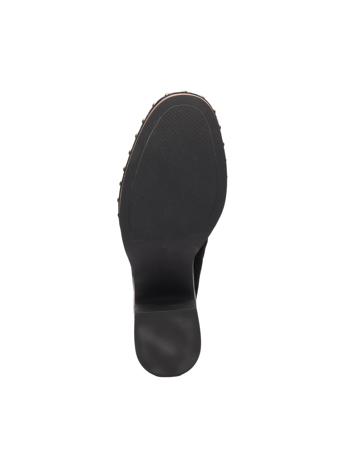 The bottom view of the emersyn mule black by Sanctuary Clothing shows a textured tread pattern and slightly raised heel, photographed against a white background.