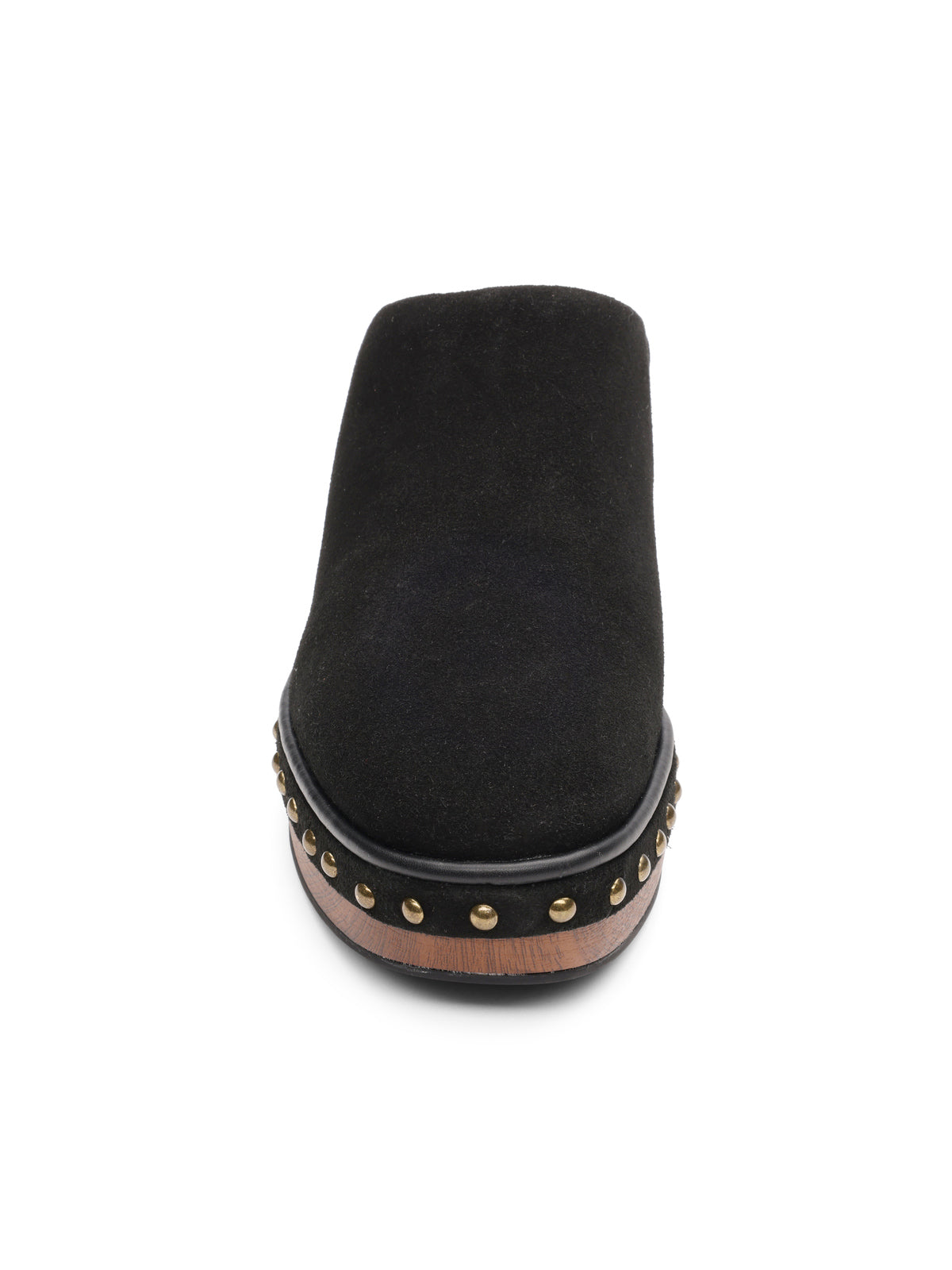 Front view of the emersyn mule black by Sanctuary Clothing, a black suede clog with a wooden sole and gold stud accents along the edge.