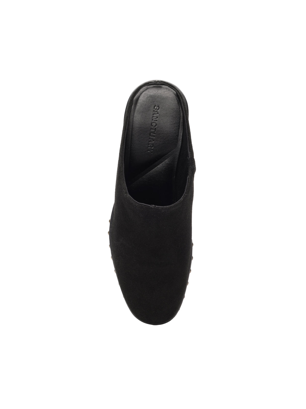 A black Emersyn mule by Sanctuary Clothing, photographed from above on a white background, features a closed toe and the brand name "Sanctuary" on the insole.