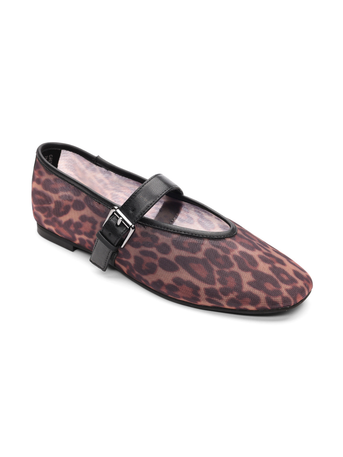 The gia maryjane ballet flat by Sanctuary Clothing features a sheer leopard print design, a black top strap, and a side buckle.