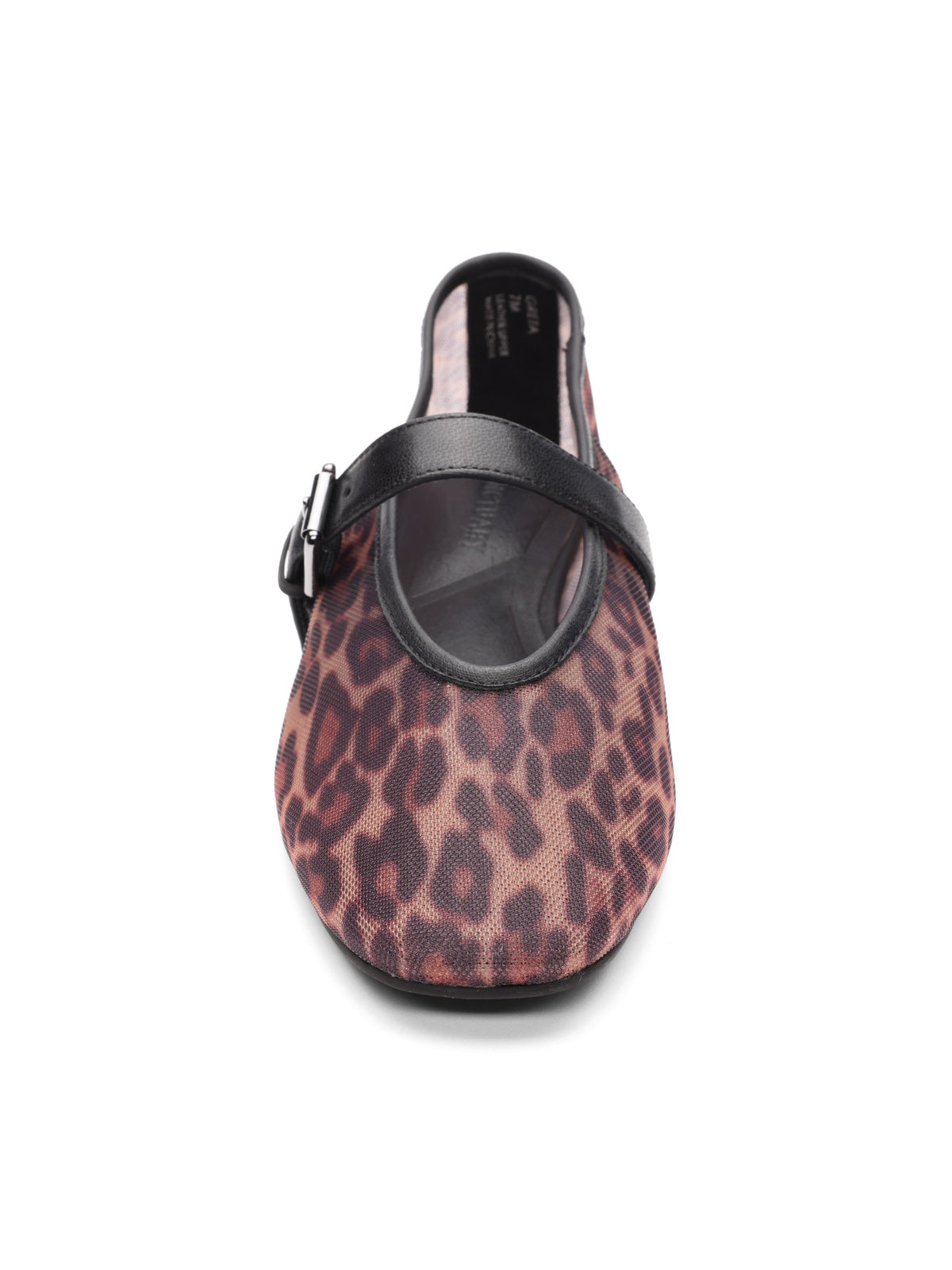 A front view of the Sanctuary Clothing gia maryjane ballet flat in tan and black, showcasing a leopard print pattern and a black buckle strap across the top.