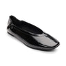 The gigi ballet flat black by Sanctuary Clothing features black patent leather, a slightly pointed toe, low heel, and a sleek design, shown against a white background.