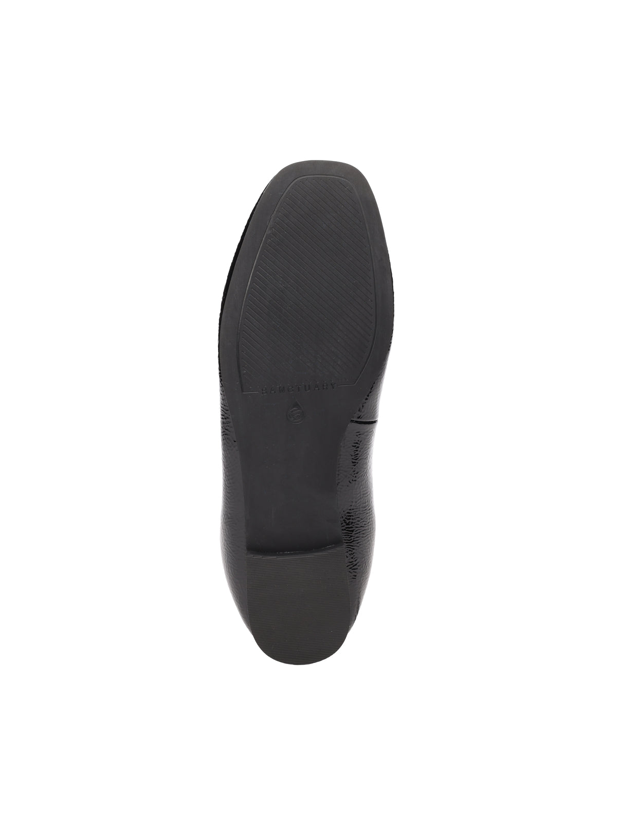 The image shows the bottom view of the Sanctuary Clothing gigi ballet flat in black, featuring a slightly textured sole and heel, both clearly visible against a white background.