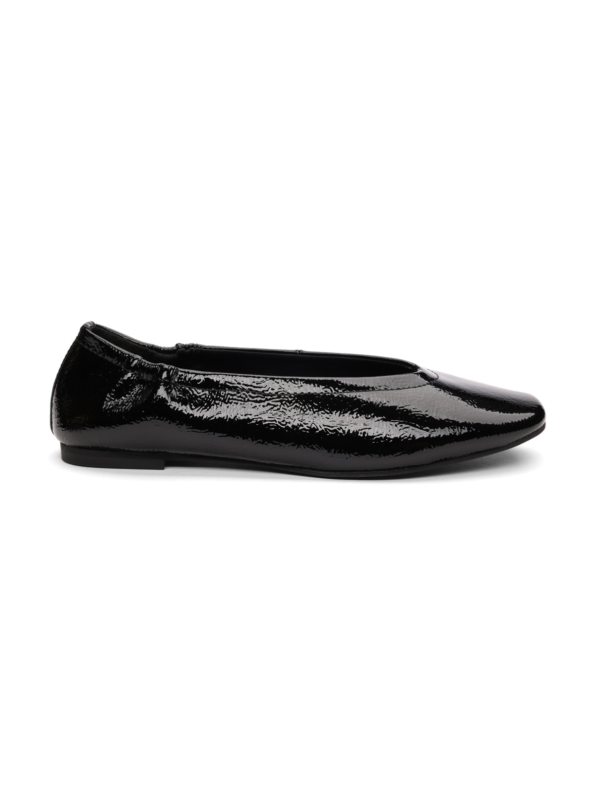 The gigi ballet flat black by Sanctuary Clothing is a black patent leather ballet shoe with a rounded toe and low heel, shown in side profile on a white background.