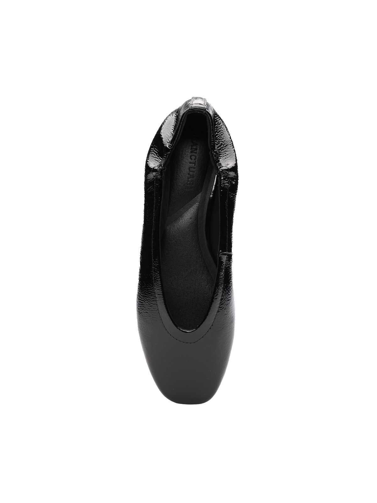 Top view of the gigi ballet flat in shiny black by Sanctuary Clothing, featuring a rounded toe and closed back, photographed against a plain white background.