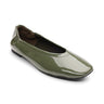 The gigi ballet flat black kalamata by Sanctuary Clothing features a shiny olive green finish, rounded toe, and slightly raised heel, shown on a white background.