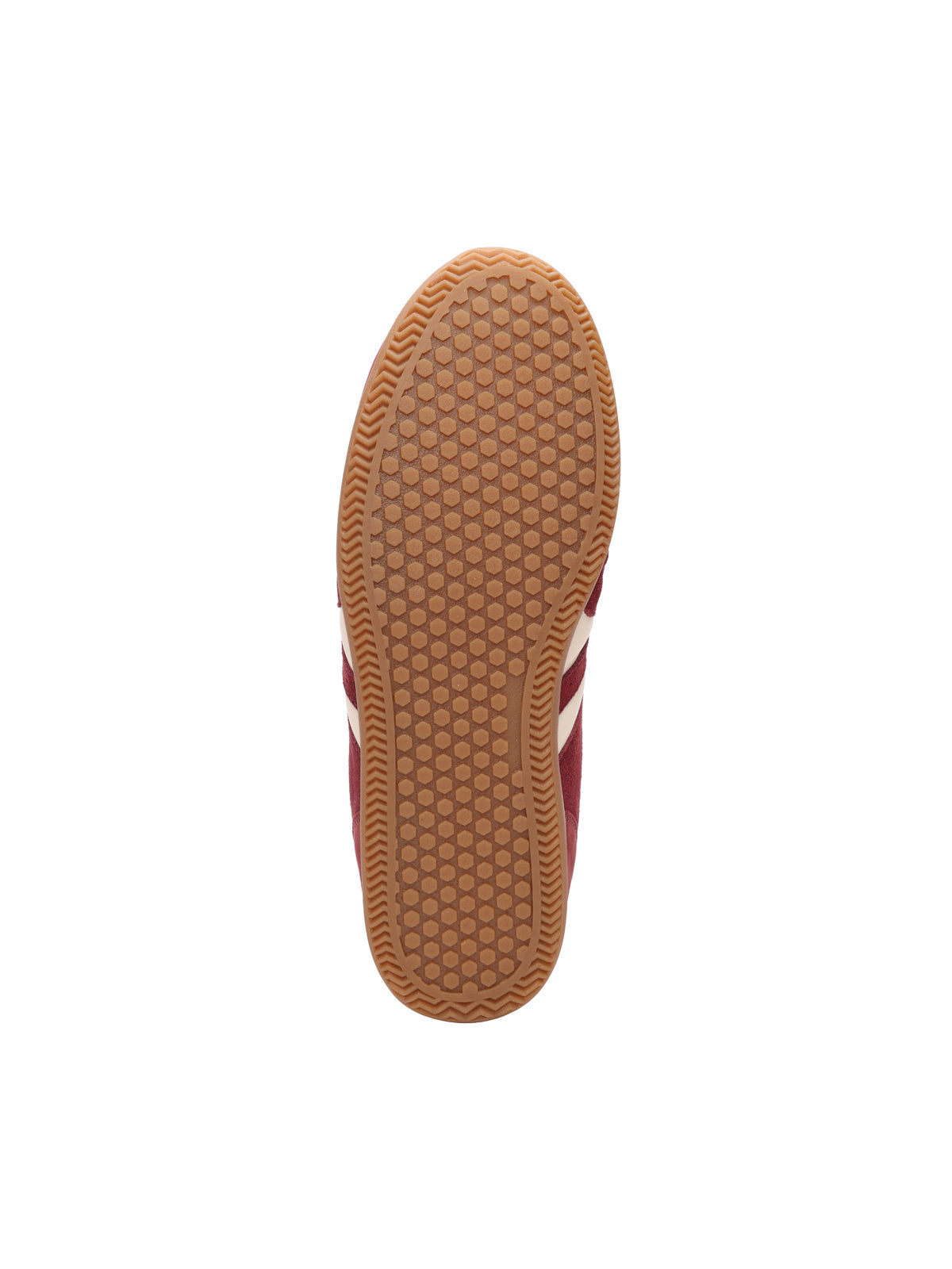 The image shows the sole of the Sanctuary Clothing lola sneaker crimson natural. It features a light brown honeycomb tread outsole, with part of the red upper and white stripes visible along the sides against a plain white background.