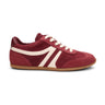 The lola sneaker crimson natural by Sanctuary Clothing features maroon suede and leather with cream laces, side stripes, and a tan rubber sole, shown in a side profile view.