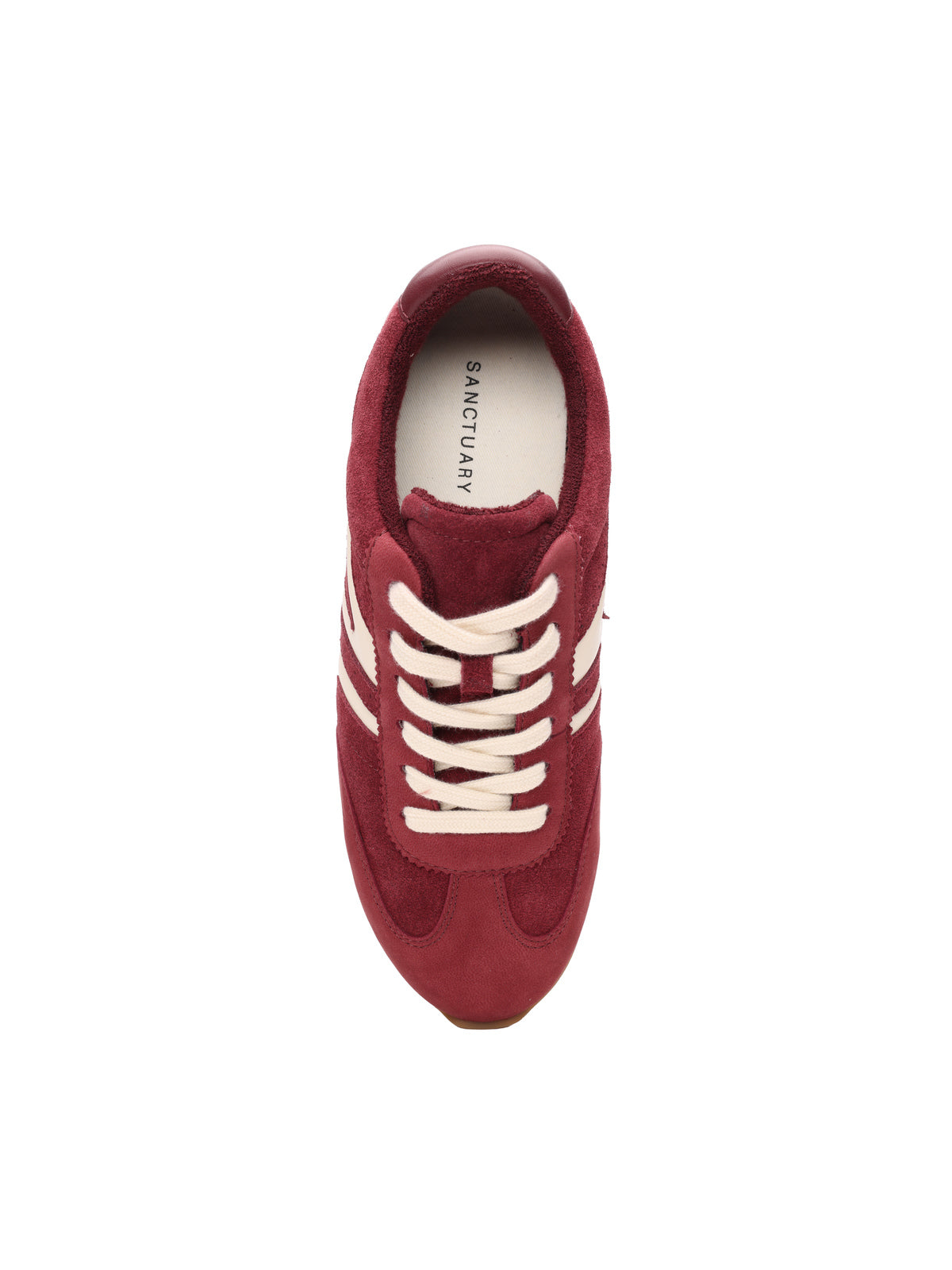 Top view of the Lola Sneaker Crimson Natural by Sanctuary Clothing, a red sneaker with white laces and side stripes, featuring a "Sanctuary" label inside, displayed on a white background.