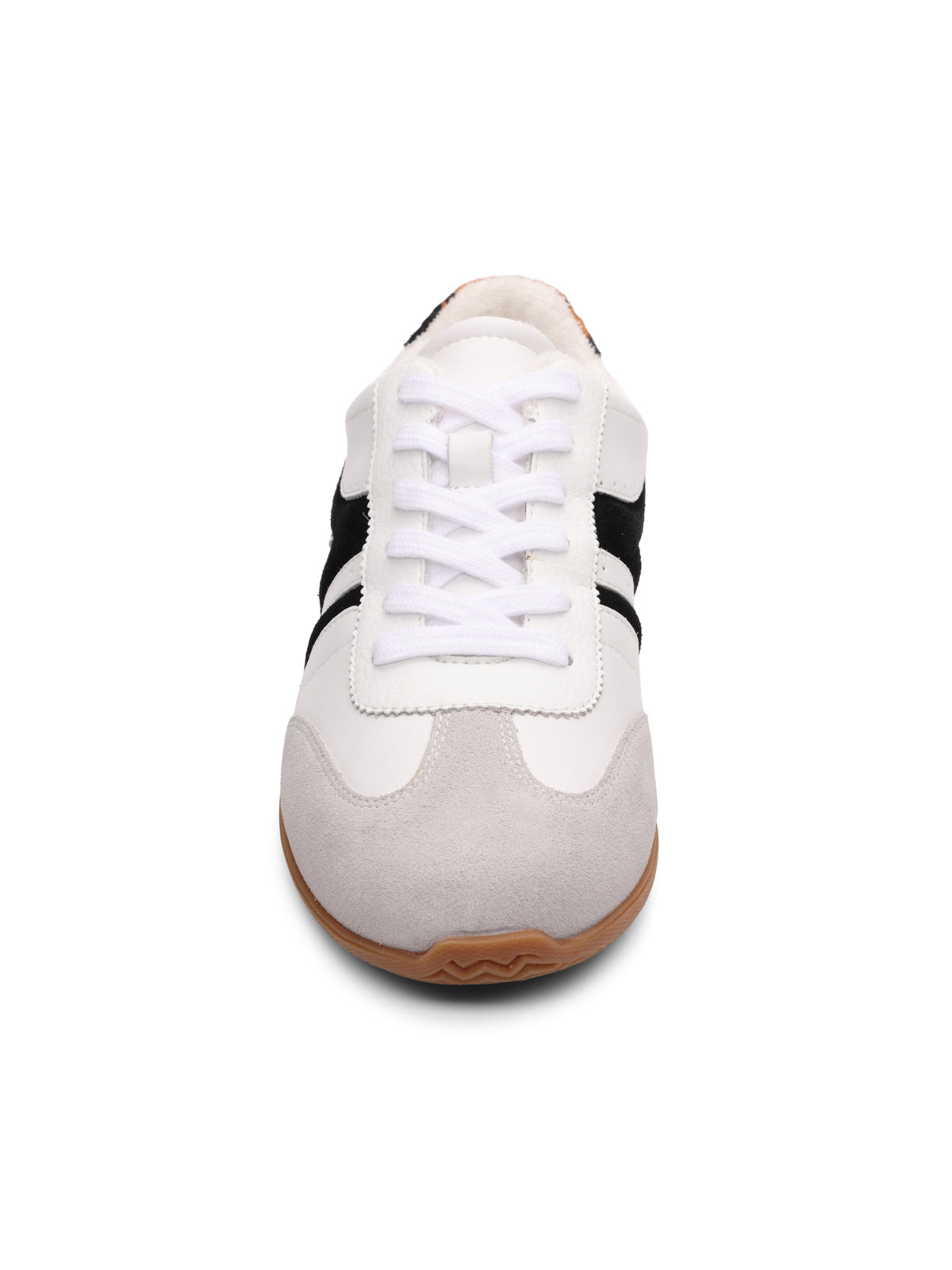 The Sanctuary Clothing lola sneaker in white, grey, and black features black side stripes, white laces, a light gray suede toe, and a brown rubber sole, displayed against a plain white background.