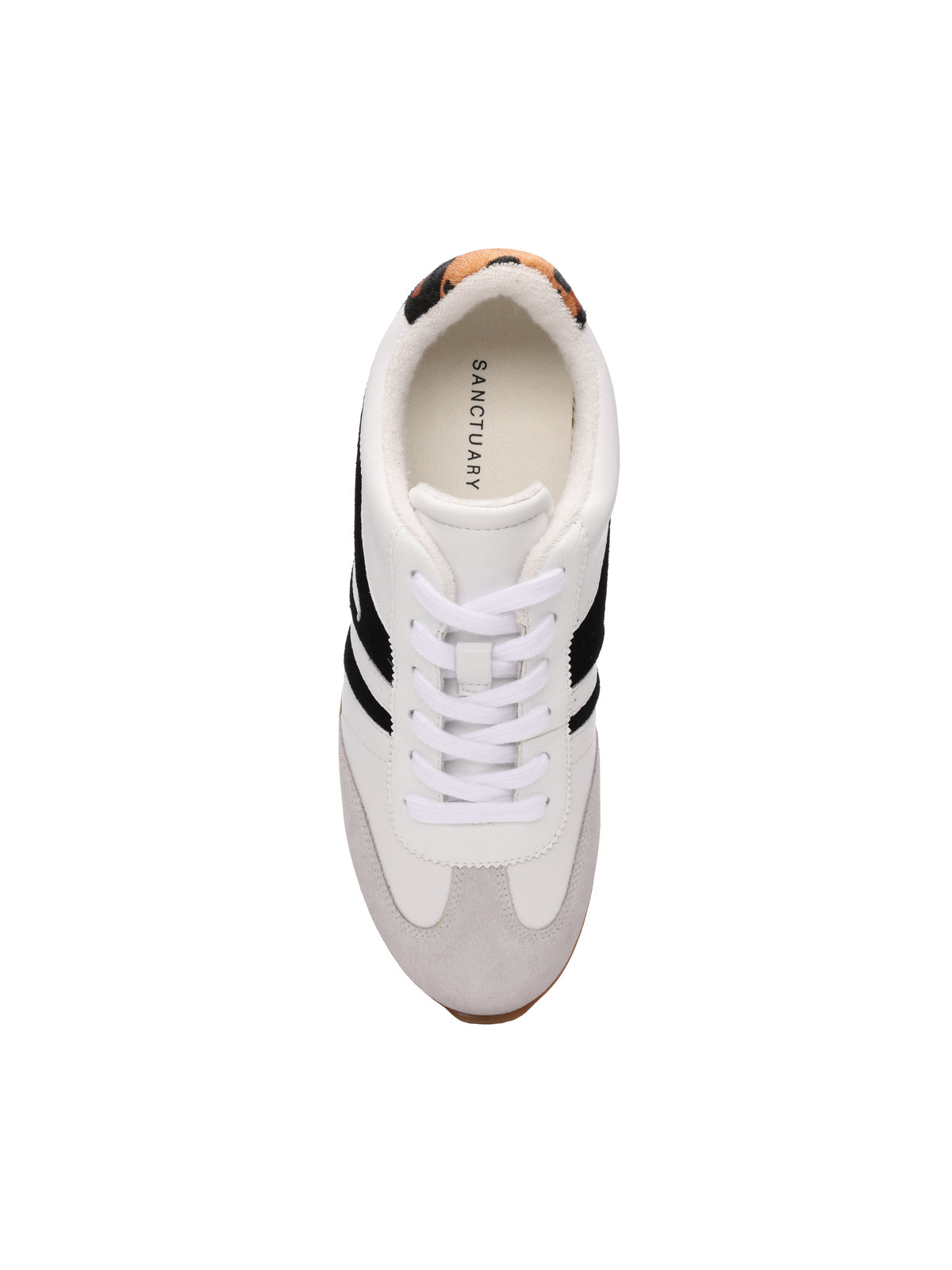 Top view of the lola sneaker in white, grey, and black by Sanctuary Clothing. Features black stripes, white laces, a light gray toe cap, tan heel accents, and an insole marked "SANCTUARY," centered on a white background.