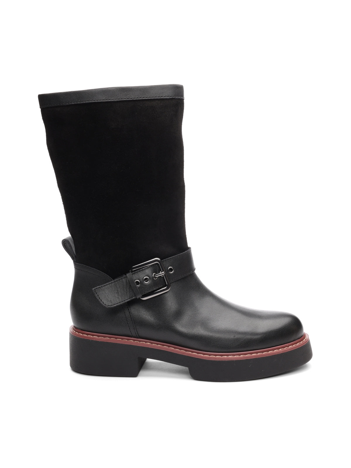 The milena boot black from Sanctuary Clothing features a thick sole, low heel, black leather toe and ankle, black suede upper, side strap with a silver buckle, and a red accent along the edge of the sole.