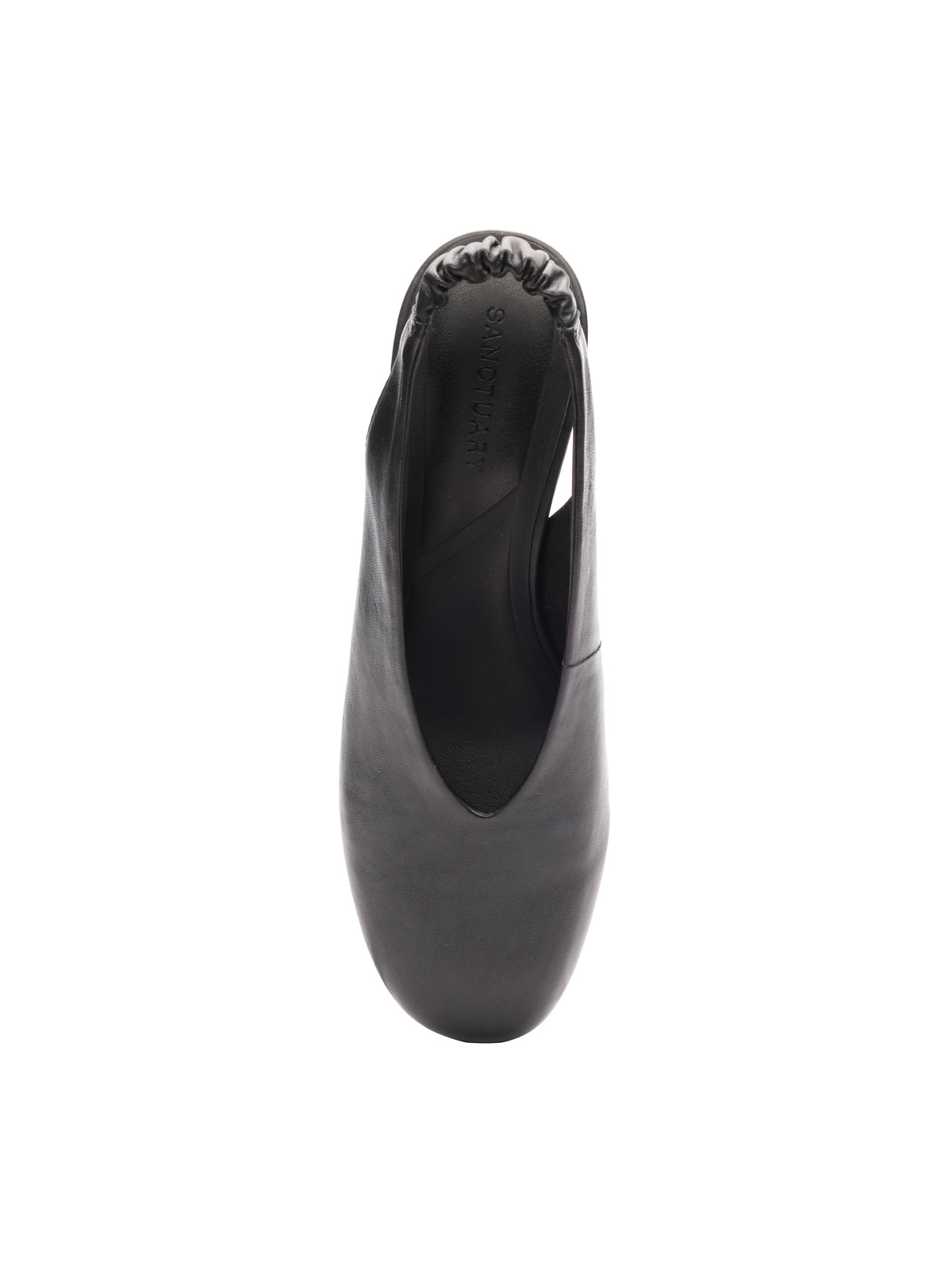 Top view of the Sanctuary Clothing opera sling back pump in black leather, featuring a closed toe and elasticized back, centered on a white background.
