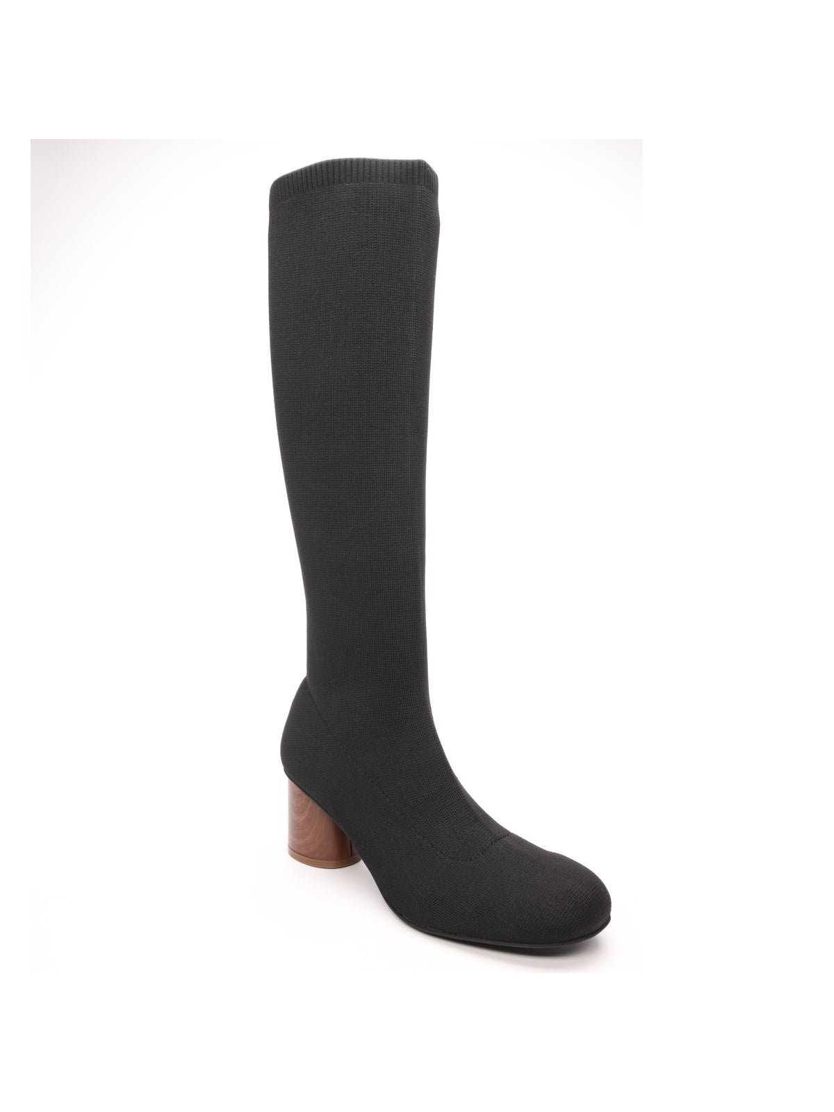 The ronnie tall shaft stretch boot in black by Sanctuary Clothing features a round toe, knee-high design, and medium brown block heel, showcased against a white background.
