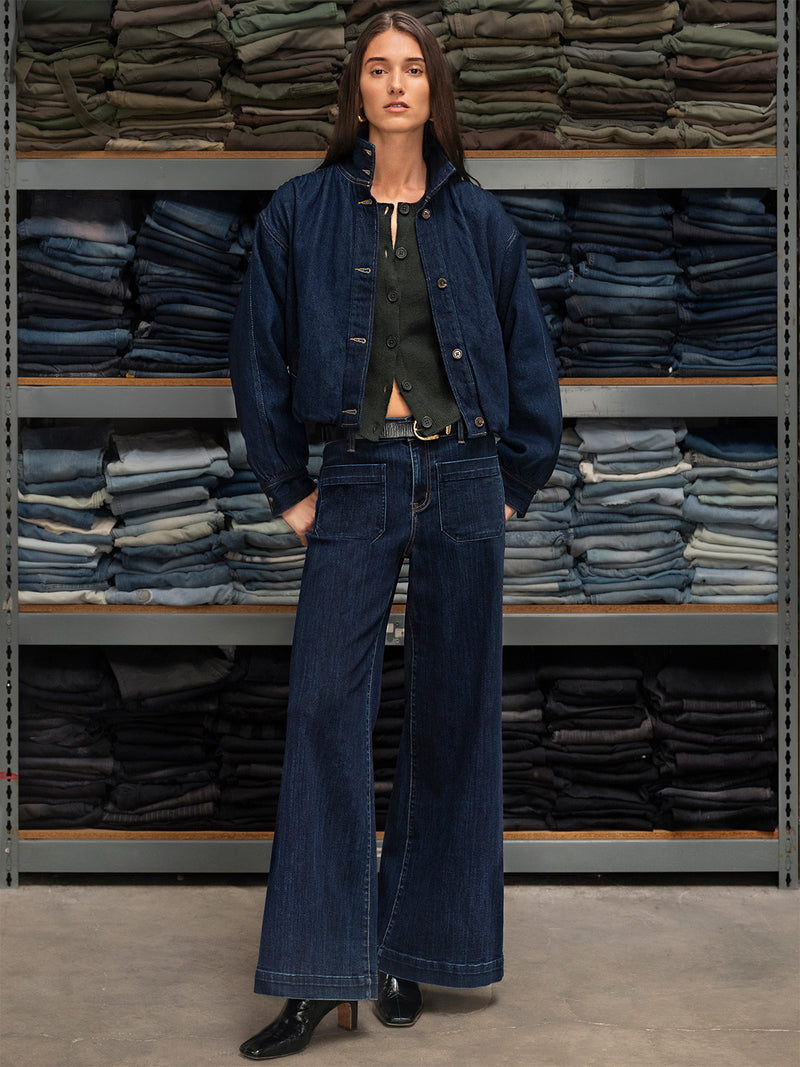 Bubble Hem Bomber Jacket Dark Denim alt 4