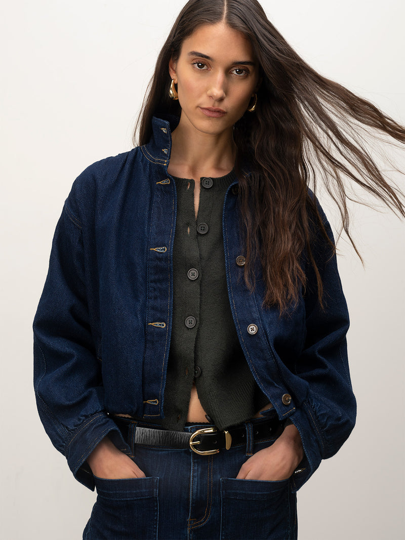 Bubble Hem Bomber Jacket Dark Denim alt 1
